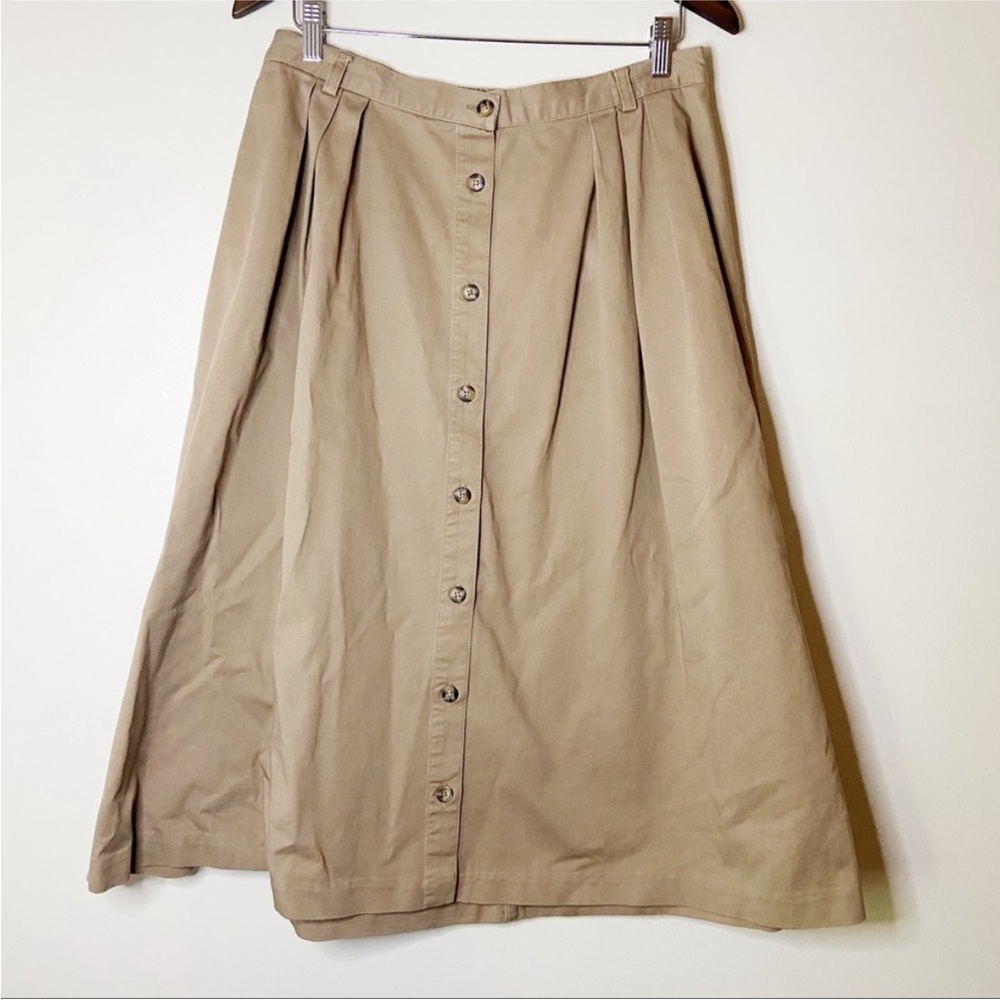 LL BEAN Vintage Button Down Front Midi Skirt Cotton Khaki Skirt Pleat Size Large